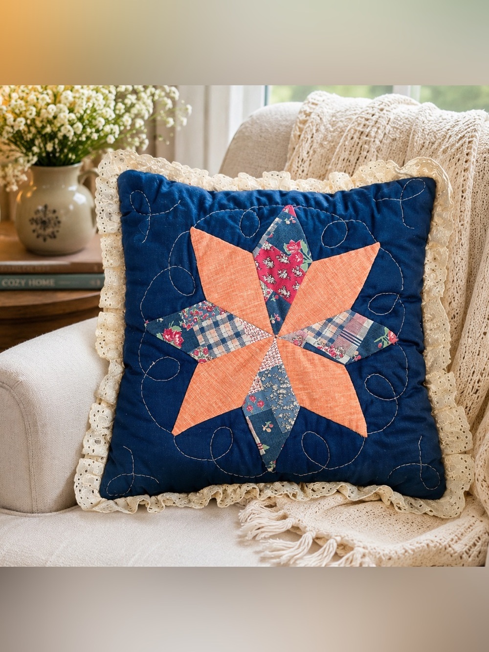 Handmade Patchwork Quilt Pillow Ohio Star Eyelet Lace Ruffle 16x16 Cottagecore